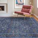 Dining Room Rugs for Under Table - 8x10 Washable Dark Blue Oriental Area Rug for Living Room, Low Pile Non-Slip Floor Carpet for Bedroom - Vintage Navy Design & Stain Resistance