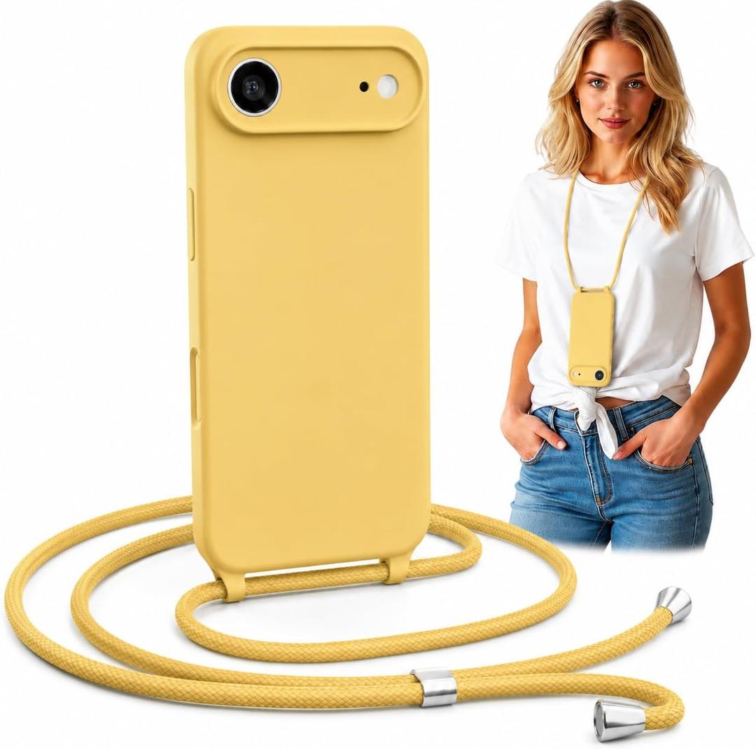 Crossbody Lanyard Strap Case for iPhone Air, Hands-Free Neck Cross Body, Adjustable Rope Removable, Drop Protection Shockproof Silicone Case 6.5 inch, 150 cm Strap, iPAir - Yellow