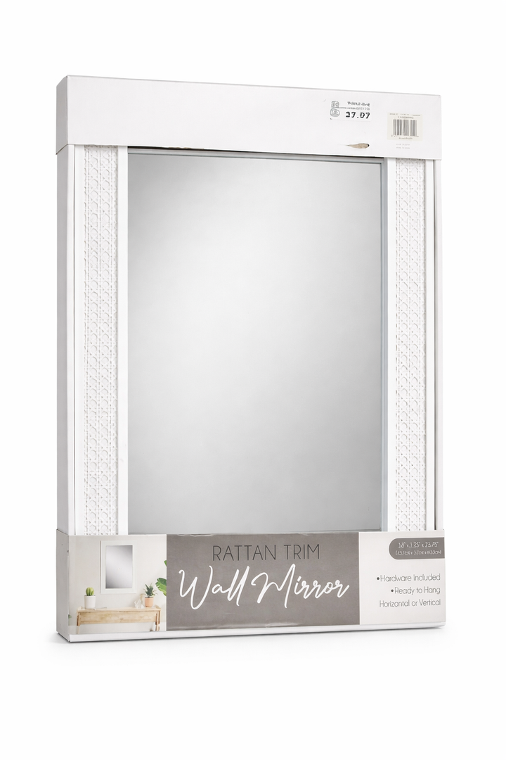 Rattan Trim Wall Mirror, 18' x1.25' x 23.75' , White