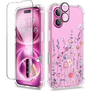 GVIEWIN for iPhone 16 Case, with Screen Protector & Camera Lens Protector, Floral Shockproof Protective Bumper Slim Soft Clear Phone Cover for Women 2024 6.1"(Floratopia/Colorful)