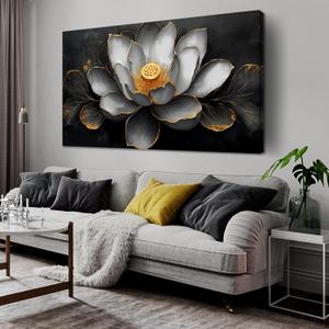 SIXTTART Lotus Canvas Wall Art for Living Room - Black White and Gold Flower Wall Art Bedroom - Modern Large Wall Art Size 29" x 59" (59L" x 29W")