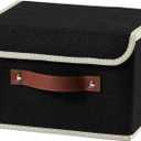 Storage Boxes with Lid Cotton Linen Fabric Storage Bins Organizer Container Decorative Collapsible Washable Shelf Baskets Faux Leather Handles for Home Bedroom Closet (Black, Small Size)