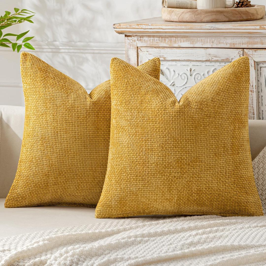 MIULEE Pack of 2 Gold Throw Pillow Covers 18x18 Inch Mustard Yellow Summer Modern Boho Accent Decorative Pillow Covers Soft Chenille Farmhouse Cushion Covers for Home Decor Couch Bed Sofa Living Room