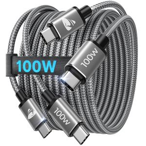 Aioneus USB C to USB C Cable 6FT 2Pack, 100W Fast Charging Cord Type C, Braided USBC Charger Cable, 6 FT USB C Charging Cable for iPhone 17 16 15 Pro/Max, Samsung S25 S24 S23 MacBook Pro/Air iPad (Grey)