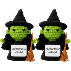 2 Pcs Pink and Green Witch Themed Crochet Doll, 5.9 Inch Positive Knitted Witch Gifts, Emotion Support Handmade Inspirational Crochet Dolls for Halloween, Pink and Green Party Decor