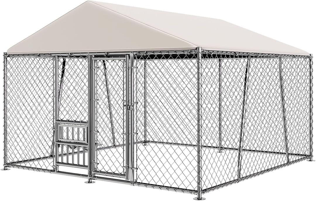 Lyromix 10 x 10FT Large Outdoor Dog Kennel with Bowls, Dog Kennel Outside with Waterproof Cover Roof, Galvanized Heavy Duty Chain Link Dog Runs Cage Playpen for Outside with Secure Lock