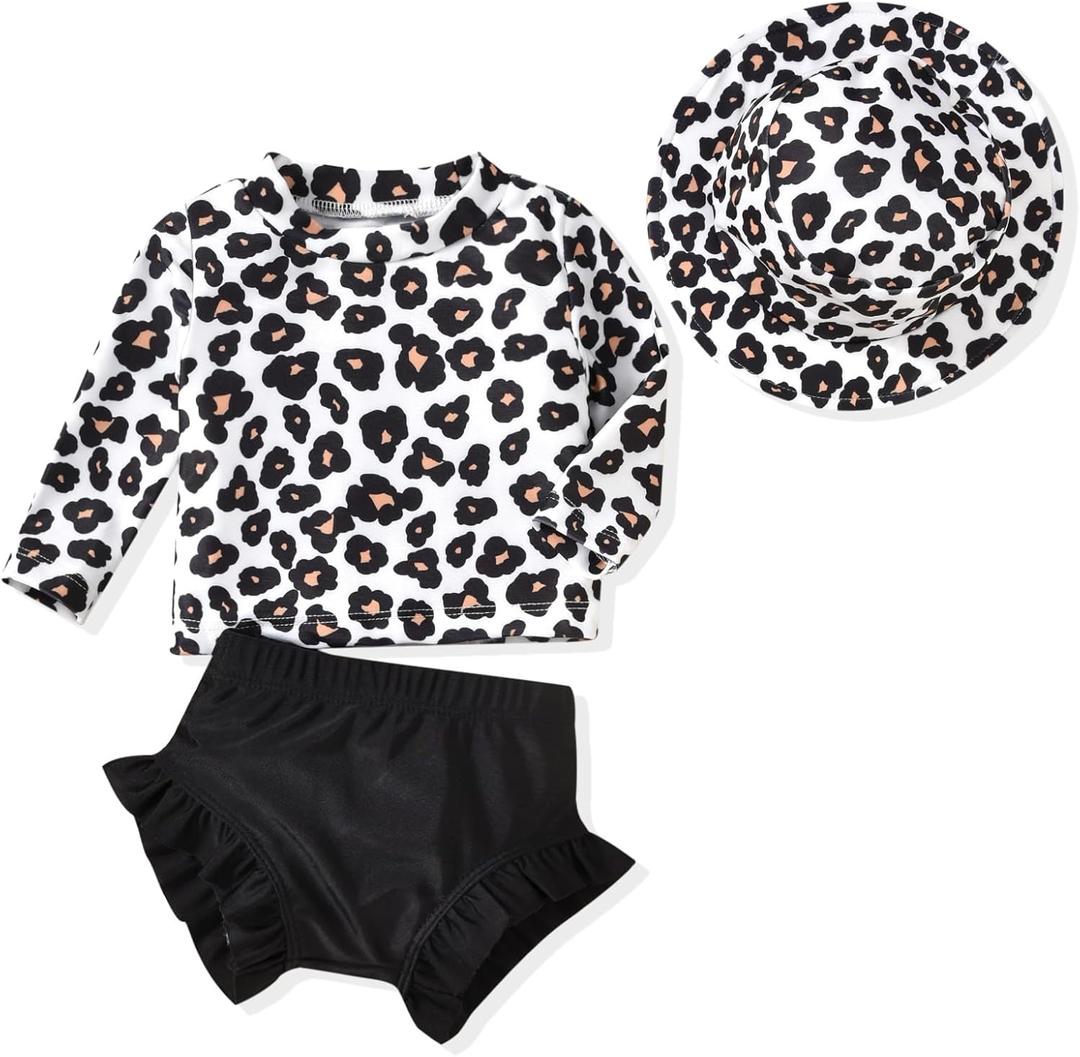 HINTINA Newborn Baby Girl Long Sleeve Swimsuit Bathing Suit with Hat (0-3 Months, Leopard)