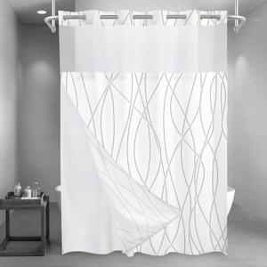 No Hook Grey Shadow Striped Long Shower Curtain with Snap in Fabric Liner Set - Hotel Shower Curtain and Liner Set with See Through Mesh Top Window ,Machine Washable, 71x86 INCH