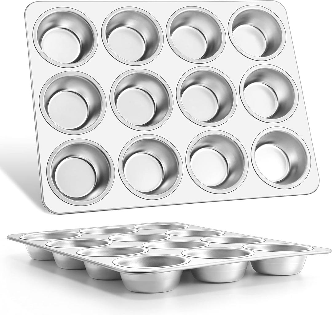 E-far Muffin Pan 12-Cup, Set of 2, Stainless Steel Cupcake Pan Metal Muffin Baking Tins for Oven, Regular Size & Easy Clean, Non-toxic & Dishwasher Safe
