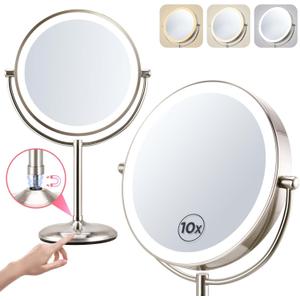 9 Inch Dual-Sided Magnifying Mirror with Lights - 1X/10X Brushed Nickel Makeup Mirror, Touch Control LED Vanity Mirror with Stand, Natural Light Tabletop Cosmetic Mirror for Bathroom 9 Inch Dual-Sided Magnifying Mirror with Lights - 1X/10X Brushed Nickel Makeup Mirror, Touch Control LED Vanity Mirror with Stand, Natural Light Tabletop Cosmetic Mirror for Bathroom