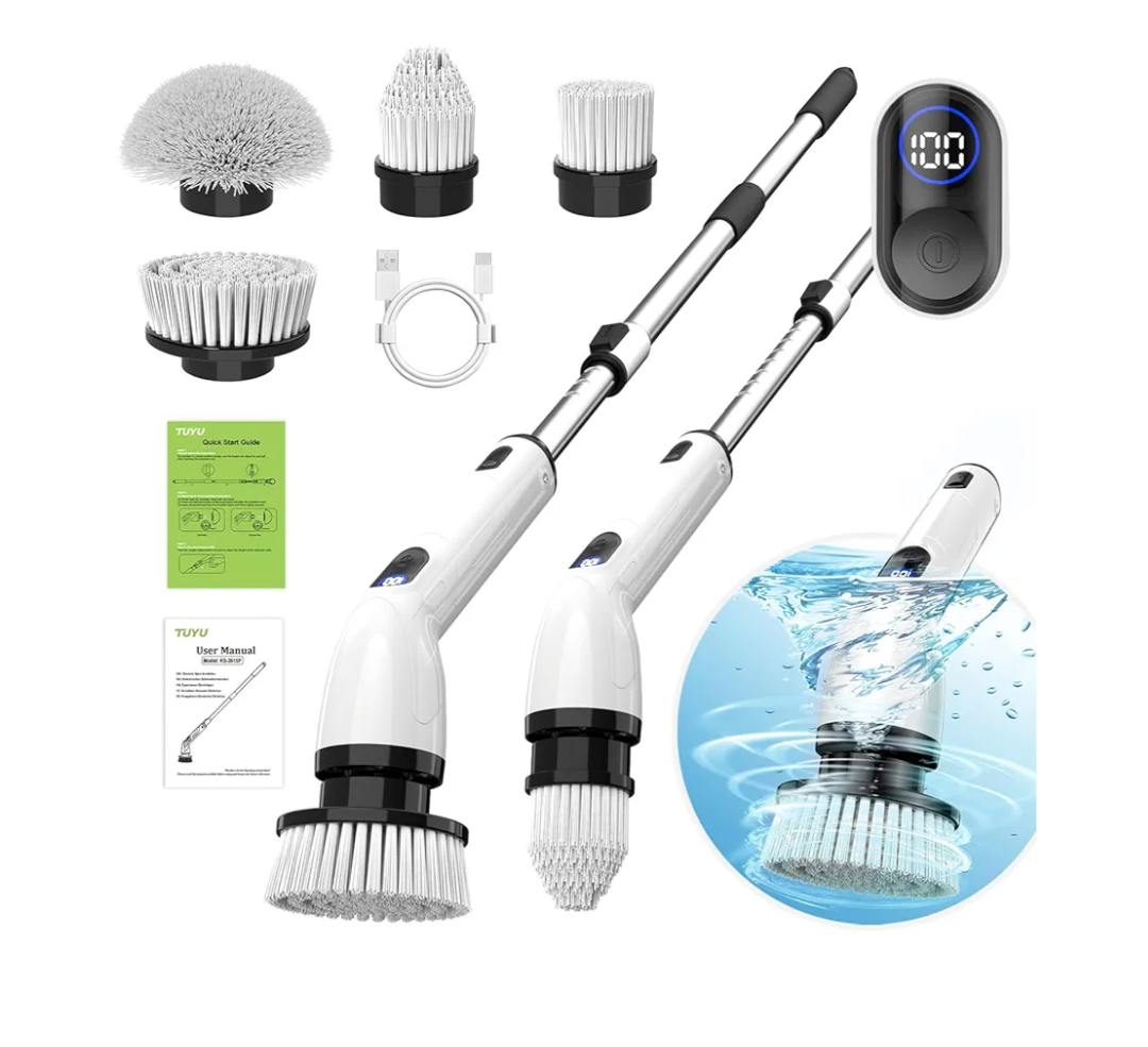 TUYU Electric Spin Scrubber, Full-Body IPX7 Waterproof Bathroom Scrubber with Power LCD Display, Adjustable Extension Handle, Cordless Shower Cleaner Brush for Bathtub Kitchen Wall Cleaning
