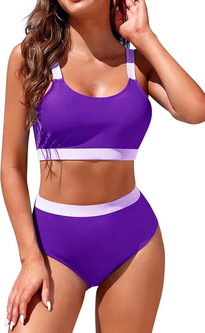 Womens High Waisted Bikini Sets Sporty Crop Top Color Block Swimwear Bandeau Scoop Neck Vintage Two Piece Bathing Suits (Medium, Purple)