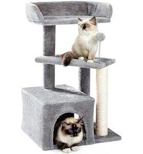 Made4Pets Cat Tree, Carpet Cat Tower Grey for Indoors Cats, Cute Wood Kitty Condo with Scratching Post and Pad, 29" Multi-Level Modern Activity Climbing Furniture for Small and Medium Cats