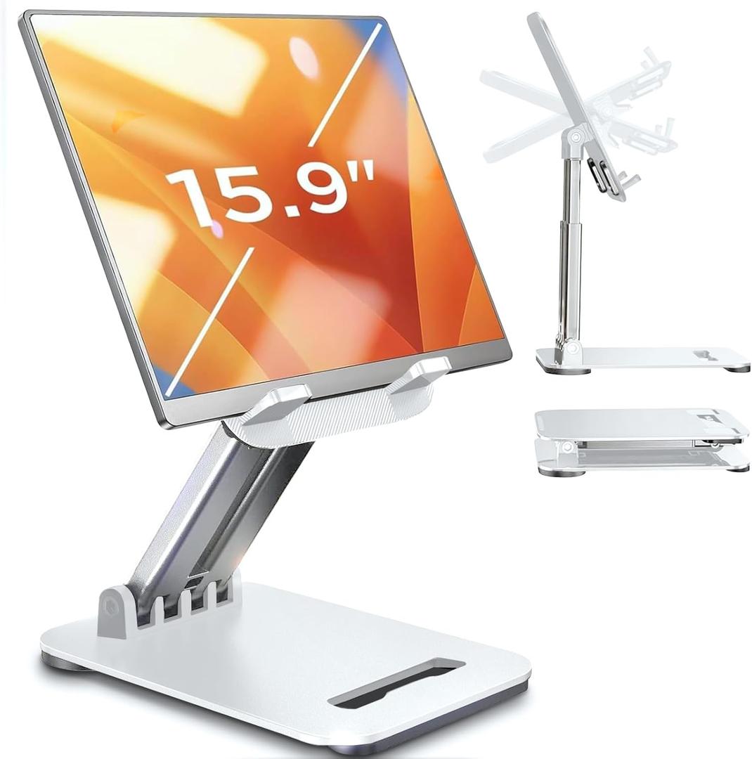 LISEN Tablet Stand for iPad Stand Holder Desk, Foldable Home Office Desk Accessories Travel for iPad Holder Dorm College Essentials Portable Monitor Stand Fits Tabs Kindle iPhone 4-15.9" Black (White)