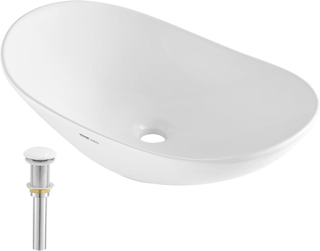 VEVOR Oval Vessel Sink with Bathroom Sink Drain, 23.3" x 14.2" Bathroom Vessel Sink Bowl Countertop, White Ceramic Bathroom Sinks Above Counter,Well-Packaged for Bathroom, Hotel, Toilet, RV