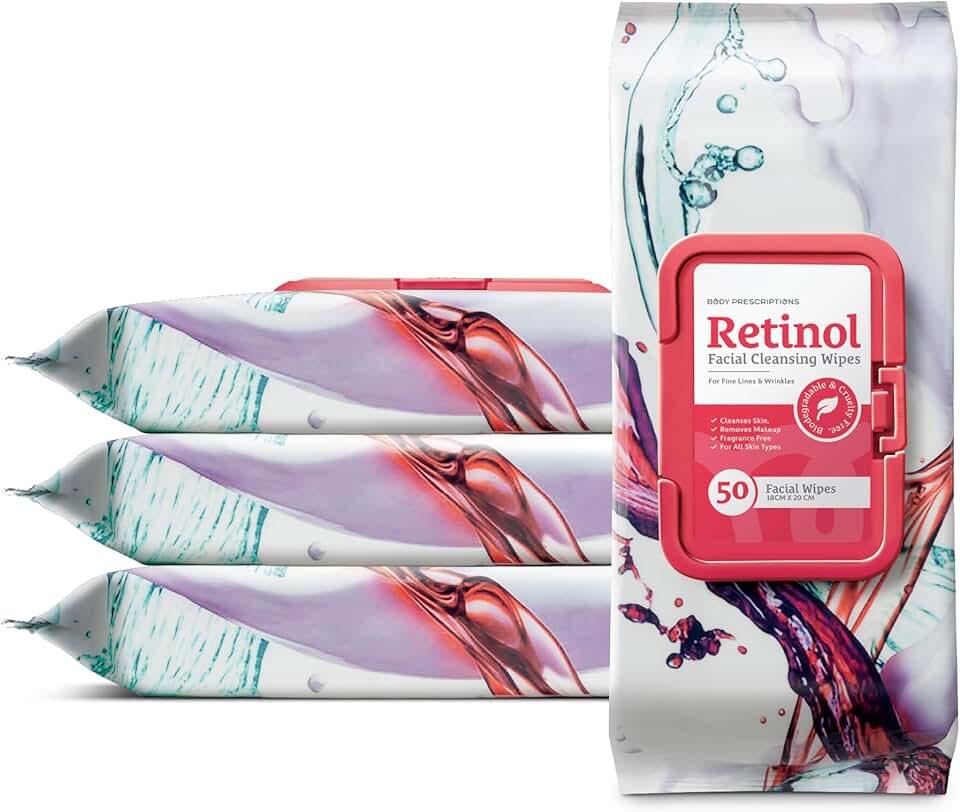 Body Prescription Makeup Cleansing Wipes - Gentle and Effective Face Wipes, 50 Count (Pack of 4), Retinol