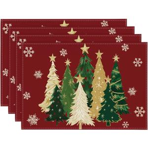 Artoid Mode Xmas Trees Snowflakes Winter Placemats Set of 4, 12x18 Inch Seasonal Red Christmas Table Mats for Party Kitchen Dining Decoration