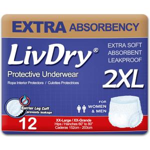 LivDry Adult XXL Incontinence Underwear, Extra Absorbency Adult Diapers, Leak Protection, XX-Large, 12-Pack