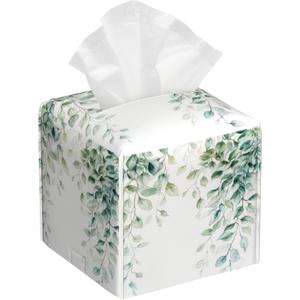 Watercolor Greenery Eucalyptus Leaves Tissue Box Cover Square Leather Tissue Holder Waterproof Facial Paper Organizer Dispenser Cube Paper Cover Case for Home Office Bathroom Vanity Countertop