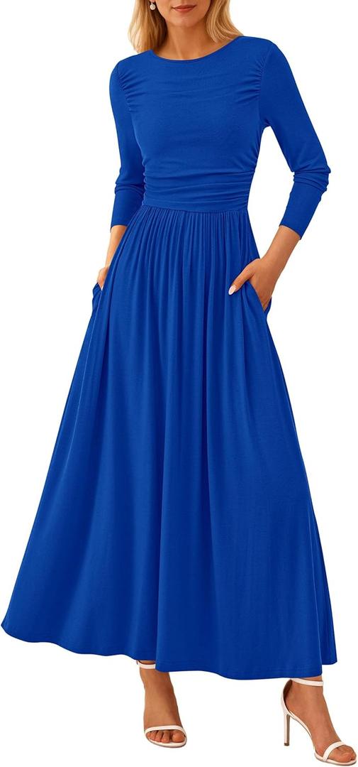 PRETTYGARDEN Women's 2025 Fashion Trendy Fall Long Sleeve Dresses Ruched Flowy Elegant Modest Boho Casual Beach Maxi Dress (Blue, XL)