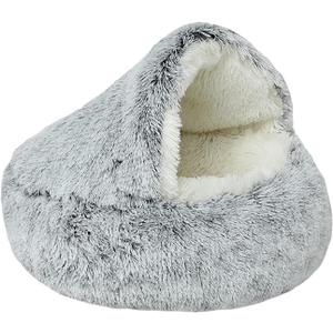 Dog Cave Bed for Small Dogs Cats Pets, Anti Anxiety Calming Plush Dog Beds, Fluffy Covered Hooded Cozy Burrow Puppy Beds, Anti-Slip Bottom Washable Pet Sleeping Bag (20" D, Grey)