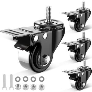 2 Inch Stem Caster Wheels 600lbs, Threaded Stem Casters Set of 4 Heavy Duty, 1/4"-20x1 (Screw Diameter 1/4", Stem Length 1"), Safety Dual Locking Industrial Castors, Wheels for Cart, Furniture