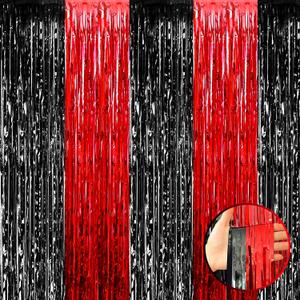 4 Pack Foil Fringe Curtain Backdrop, 3.28Ft x 8.2Ft Metallic Tinsel Foil Fringe Streamers Curtains for Photo Booth, Wedding, Casino Viva Las Vegas Game Night Birthday Party Decoration (Black Red)