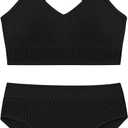 Girls Swimsuits Adjustable Straps V Neck Ribbed Bikini Set Teen Girl Swimming Bathing Suit 2 Pieces Swimwear (13-14 Years, Black)