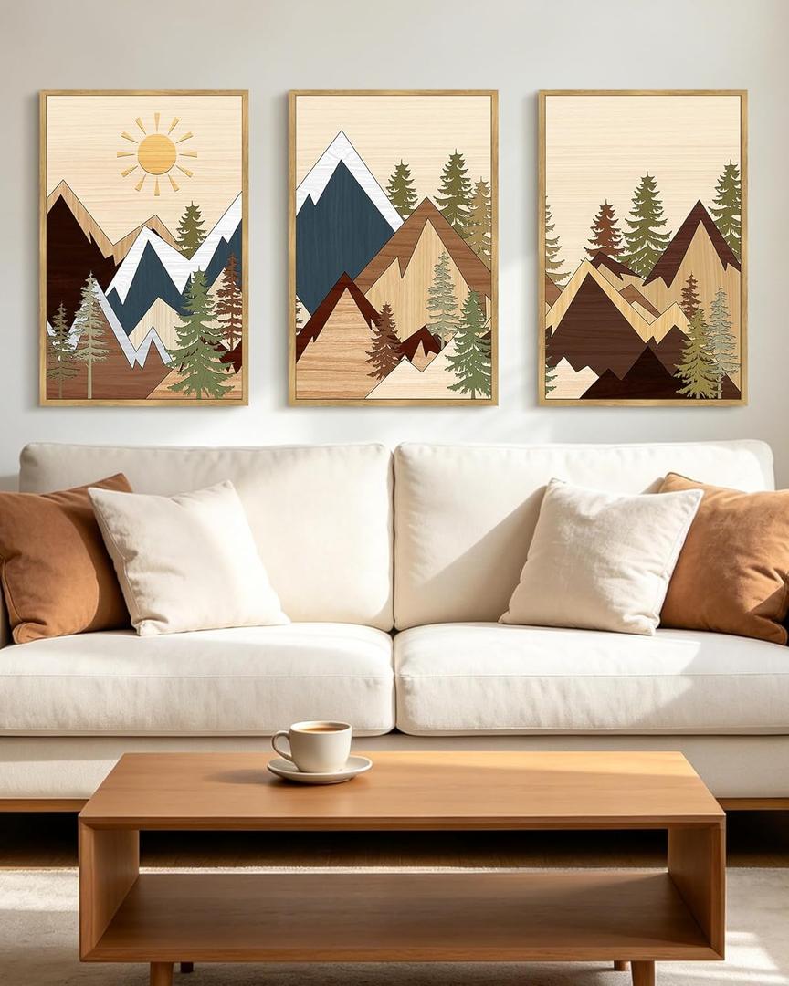 PHOPAGO Morden Mountains Framed Wall Art 16x24in Boho Woodcut Pine Tree Forest Nature Landscape Artwork Prints Bohemain Farmhouse Rustic Bedroom Living Room Decor - Natural Framed