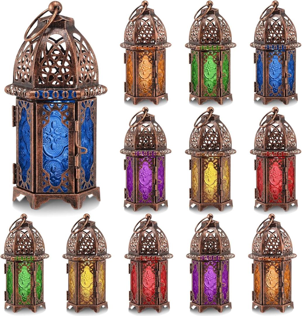 Mumufy 12 Pcs Moroccan Lanterns Ramadan Lantern Eid Decorations for Home Gold Lamp Decor Vintage Decorative Eid Mubarak Hanging Candle Lantern for Party Decor Indoor Outdoor (Bronze)