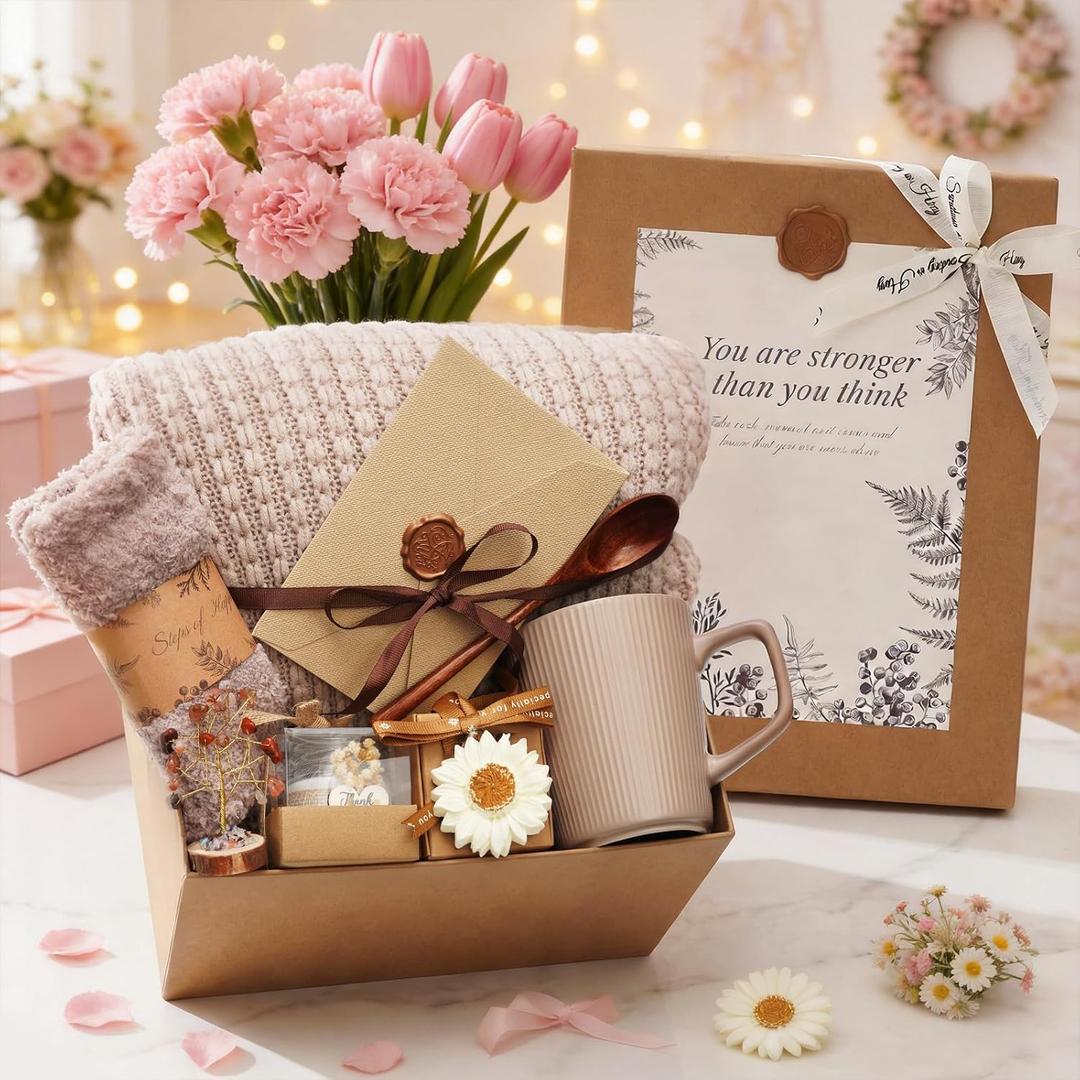Get Well Soon Gifts Baskets for Women, Thinking of You Gift Self Care Package, Mother's Day Birthday Luxury Gifts, Sympathy Gift Basket Encouragement Comfort Wellness Hug Box for Her Friends, Brown, 51x67 inches