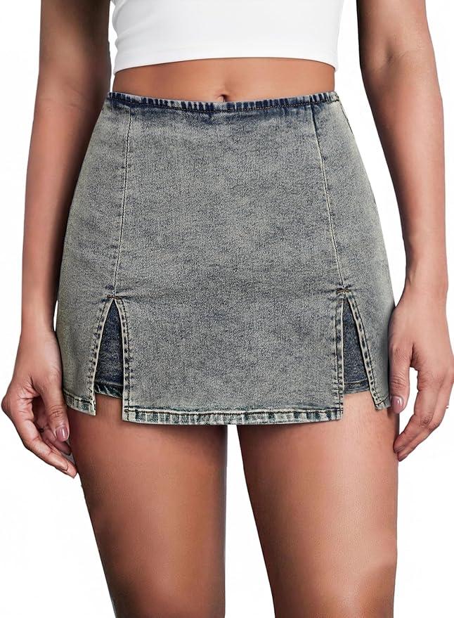 Avanova Women Double Slit Denim Skort Bodycon Mini Jean Skirt Grey L