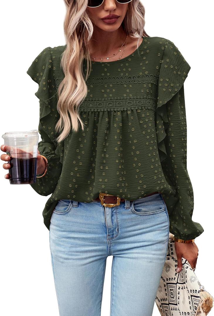 PRETTYGARDEN Women's Long Sleeve Shirts Ruffle Swiss Dot Crochet Loose Fit Tunic Dressy Casual Tops Blouses Spring Fashion (XS)