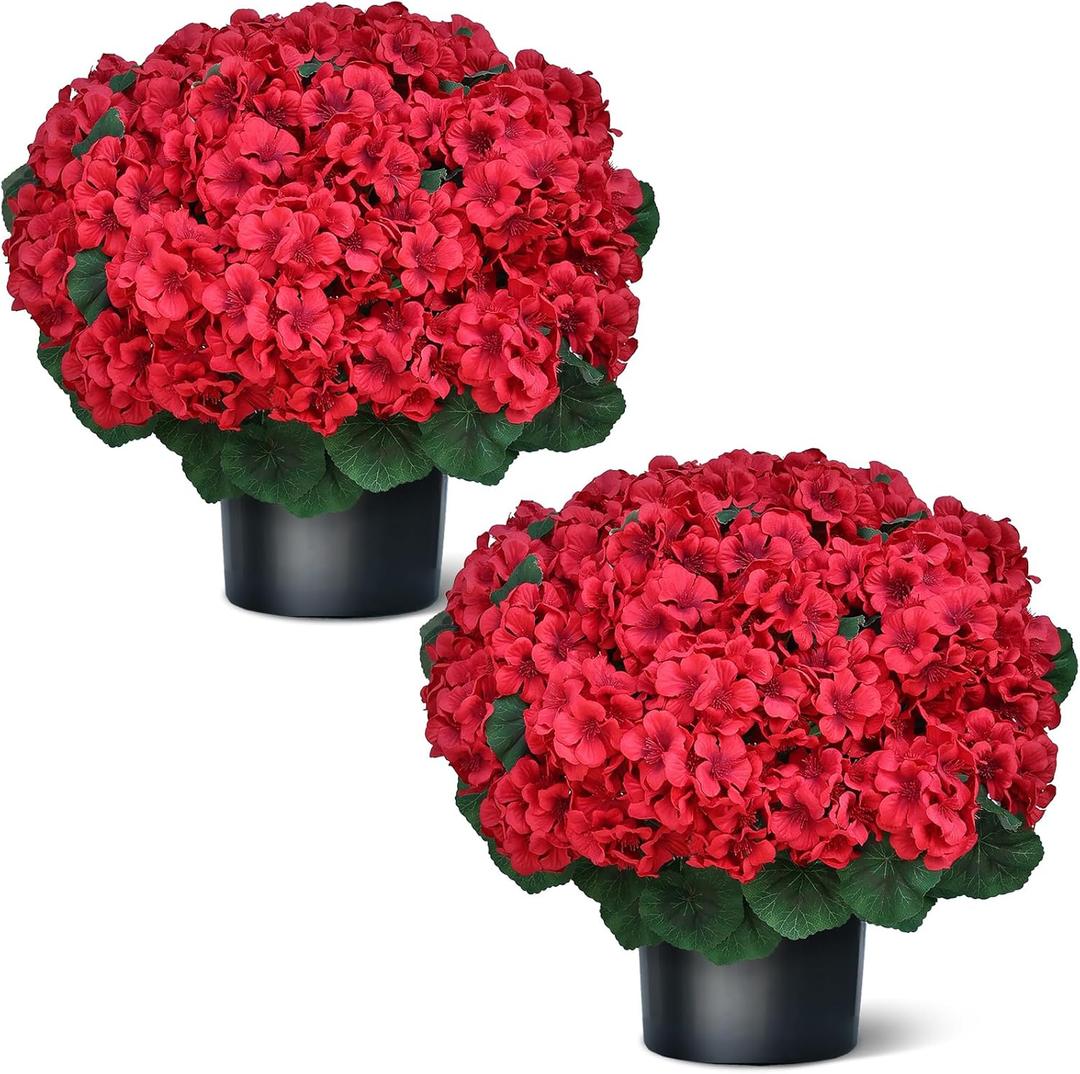 18" Artificial Geraniums Topiary - 2 Set for Front Porch Decor,Faux Silk Flowers Bushes UV Resistant Potted Plants for Outdoor Indoor Door Offices Garden Farmhouse Home Decor (Red)