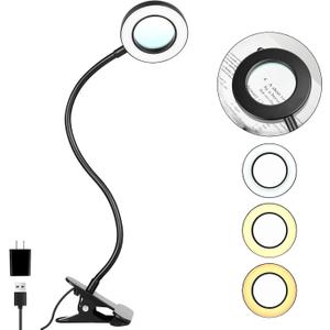 Upgraded Desk Clip-on Light with 5X Magnifying Glass, 10 Brightness Levels, 3 Color Modes, 5V/2A Adapter, Included, Clamp Light for Reading, Crafting, Painting, Close Work (Black)