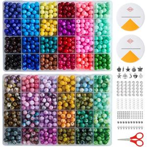 1300 Pcs Round Glass Beads for Jewelry Making  8mm Beads in 48 Colors, 2 Box Set of Bulk Glass Beads for Bracelets, Crafts & DIY Gifts