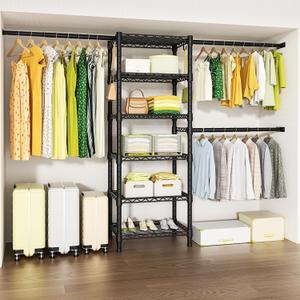 Ulif M5 Wall Mounted Clothes Garment Rack, Heavy Duty Closet Storage and Organizer System with 6 Shelves and 3 Expandable Hanger Rods, Space Saver Suit (46.2-102.4)" W x 14" D x 83.1" H, Black