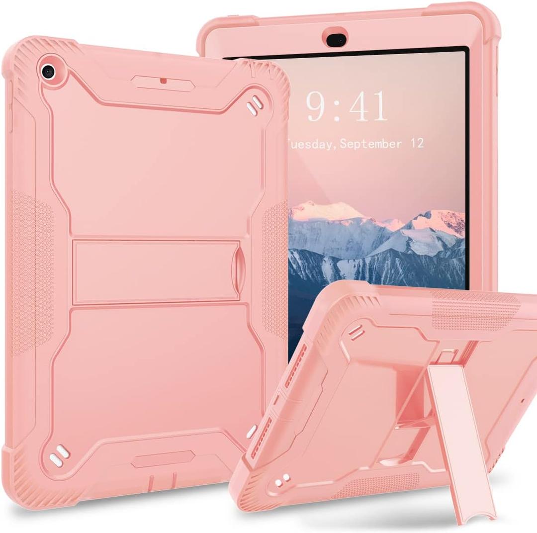 iPad 9th/8th/7th Generation, iPad 10.2 Case Slim Heavy Duty Shockproof Rugged Soft Silicone Protective Case with Built-in Stand for iPad 10.2 inch 2021/2020/2019, Rose Gold