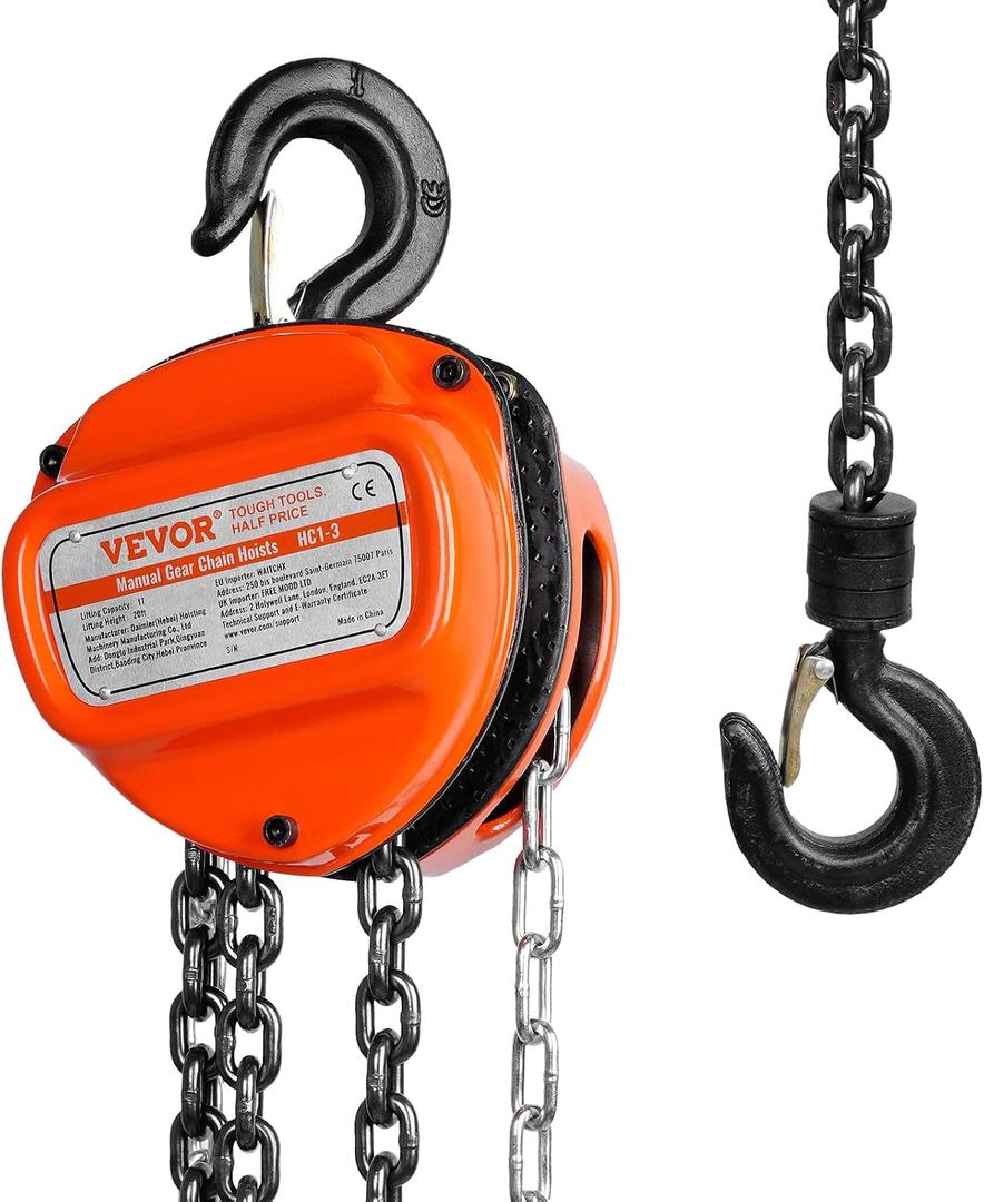 VEVOR Hand Chain Hoist, 1 Ton 2200 lbs Capacity 20 FT Come Along, G80 Galvanized Carbon Steel with Double-Pawl Brake, Auto Chain Leading & 360 Rotation Hook, for Garage Factory Dock