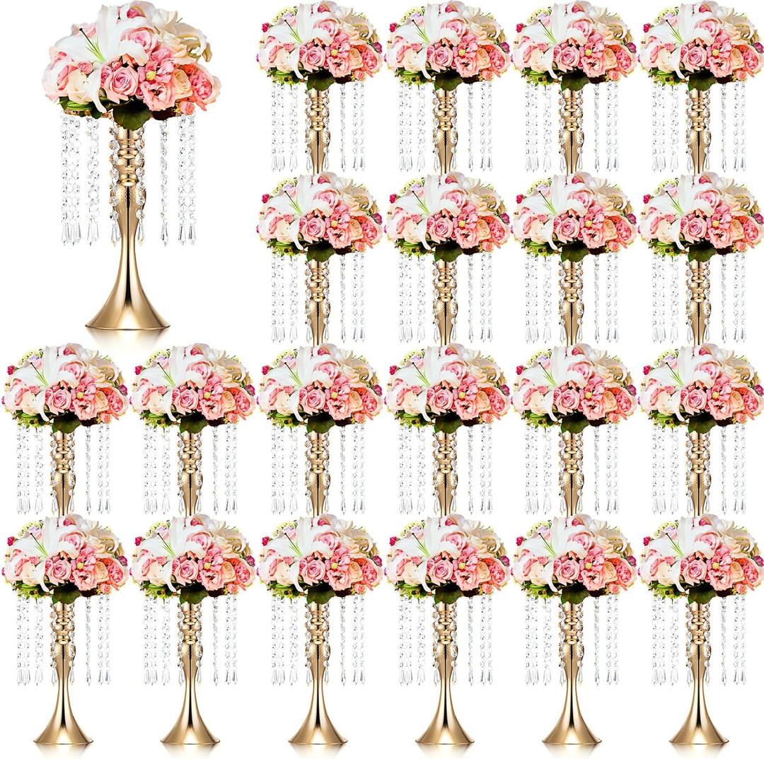 Unittype 20 Pcs Wedding Centerpieces for Tables 13 Inch Tall, Crystal Flower Stand Floral Vases for Tabletop Flower Arrangement Stand Valentines Gift Baptism Party Decor (Gold)