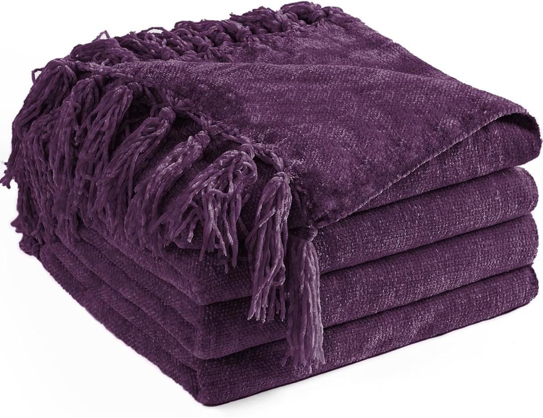 Chenille Throw Blanket for Couch 50"X 60", Soft Cozy Throws with Fringe Tassel for Bed Sofa Chair Cover, Lightweight Knitted Decorative Boho Blankets for Living Room, Dark Purple