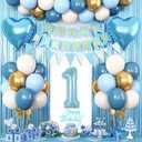 1st Birthday Decorations Blue White Gold,First Birthday Balloons with Happy Birthday Banner Fringe Curtain Heart Foil Balloons for Boys Girls 1 Year Old Birthday Decor