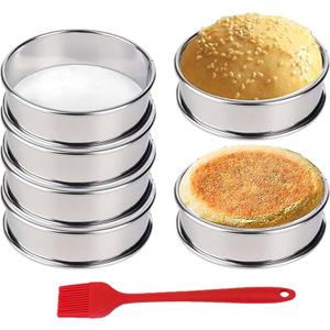 HLMOptimo English Muffin Rings, Stainless Steel Crumpet Rings, 4 inch 6 Pcs Nonstick Metal Round Ring Molds with Silicone Oil Brush