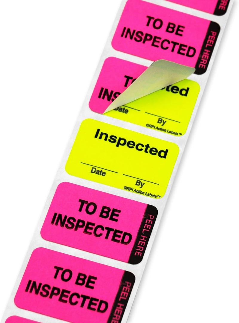 ChromaLabel 1 x 1.50 Inch Fluorescent Pink and Yellow Double Layer Quality Control Label, Imprinted Inspected by Stickers, 250 Quality Inspection Tags per Dispenser Box