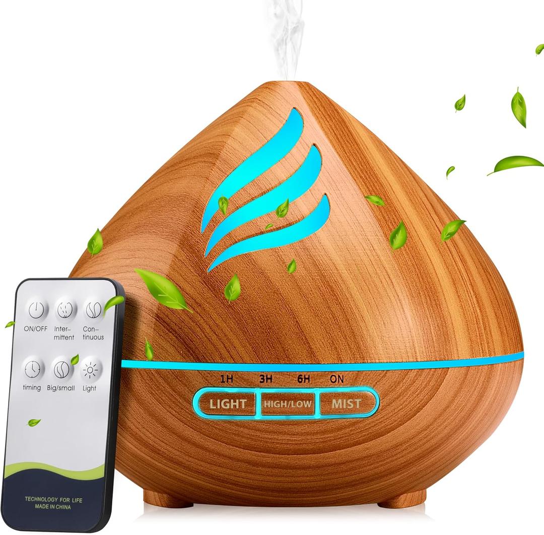 Essential Oil Scent Diffuser: 500ML Aroma Diffuser with Remote Control, Large Fragrance Aromatherapy Diffuser, Mist Humidifier with 14 Colors LED Lights and Auto-Off for Home (Chestnut)
