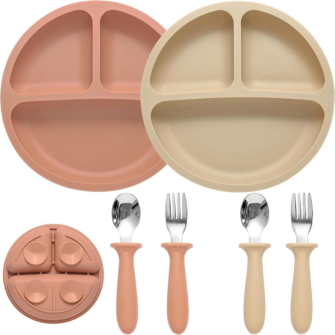 Silicone Baby Feeding Set, 2 Pack Divided Suction Plates for Baby, 2 Pack Spoons and Forks Set Baby Eating Essentials, Feeding Supplies for Toddler Utensils, BPA Free (Pink)