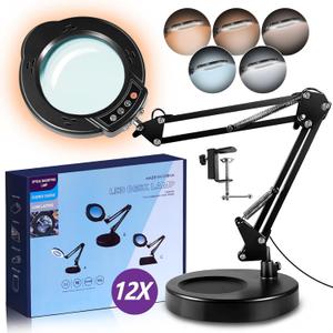 12X Magnifying Glass with Light and Stand, 5 Color Modes 10 Stepless Dimmable, Real Glass 84 LED Lighted Magnifying Glass with Swing Arm, Magnifying Lamp for Crafts Reading Painting Sewing Close Work (Black00)