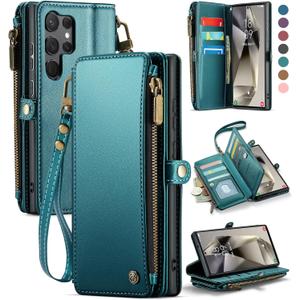 Defencase Compatible with Samsung Galaxy S23 Ultra Case Wallet with RFID Blocking Card Holder for Women Men, PU Leather Magnetic Snap Flip Zipper Strap Phone Case Fit for Galaxy S23 Ultra 5G, Green (Fashion Blue Green)