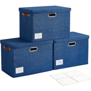 17" Large Collapsible Storage Bins with Lids, Stackable Closet Organizers with PU Handle and Labels, 3-Pack Decorative Fabric Storage Boxes for Home, Bedroom, Closet, Office, Nursery(Navy)