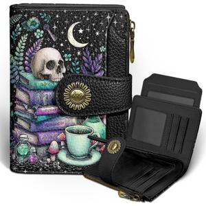 Icycay Goth Gothic Skull Small Wallet Women RFID Blocking Bifold, Credit Card Holder, Zipper Coin Pocket, PU Leather, Funny Witchy, Compact, Travel, 4 ID Window 14 Card Slots, Cash Purse, Ladies Woman